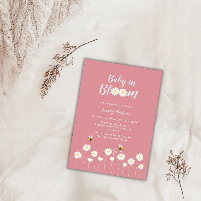 Invitation Fleurs Roses Faisy Baby Dans Baby shower Fleur (Pink Daisy Flowers Baby In Bloom Baby Shower Invitation)