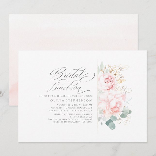 Invitation Fleurs roses Fête des mariées verdoyante or déjeun (Devant / Derrière)