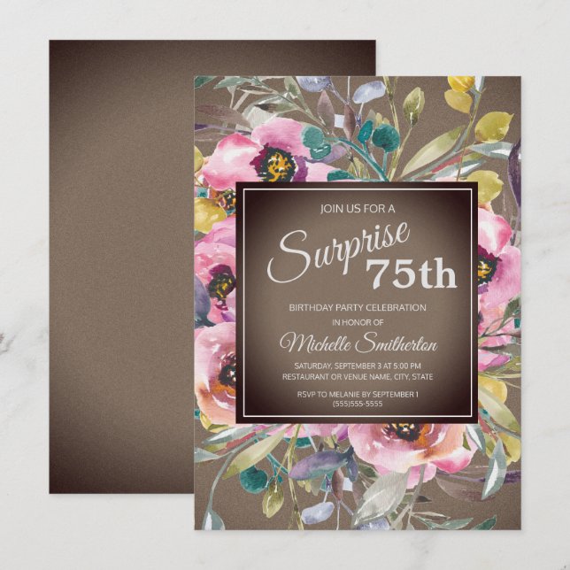 Invitation Fleurs roses feuilles rustiques marron 75e anniver (Devant / Derrière)