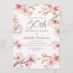 Invitation Fleurs roses Feuilles vertes 50e anniversaire femm