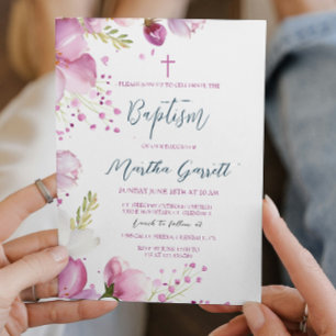Invitation Fleurs roses Fille Baptême Christening