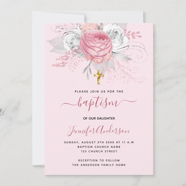 Invitation Fleurs roses fille croix or baptises (Devant)