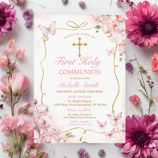 Invitation Fleurs roses Fille Papillon Première Communion sai (Créateur téléchargé)