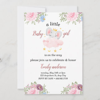 Invitation Fleurs roses Filles Eléphant Baby shower Invitatio