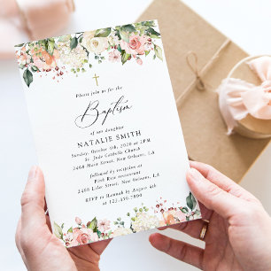 Invitation Fleurs roses, Fleurs blanches, Bohème, Baptême flo