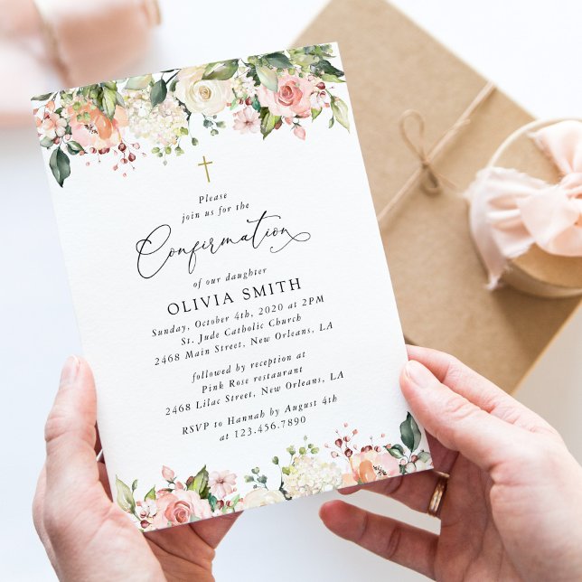 Invitation Fleurs roses, Fleurs blanches, Confirmation floral (Créateur téléchargé)