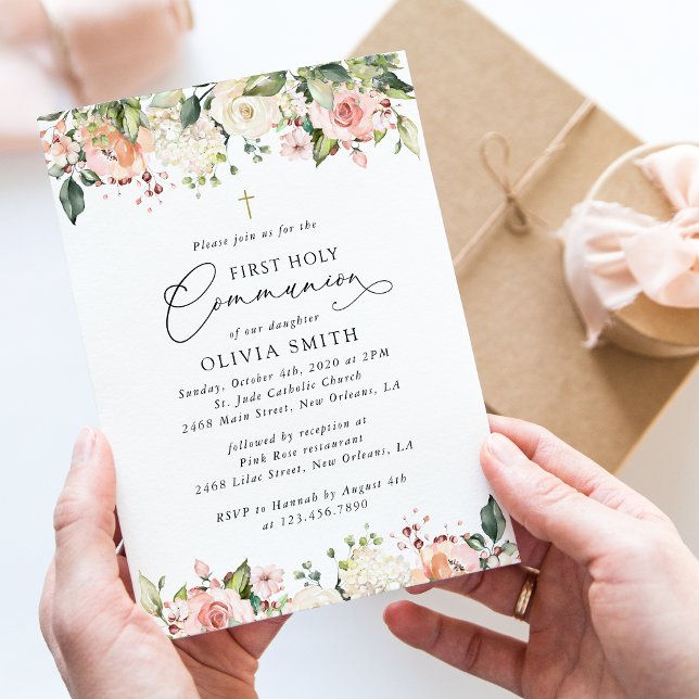 Invitation Fleurs roses, Fleurs blanches, Première Sainte Com (Créateur téléchargé)