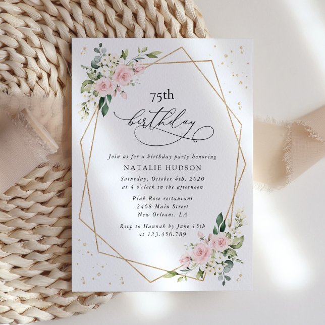 Invitation Fleurs roses, Fleurs blanches, Verdure, Anniversai (Créateur téléchargé)