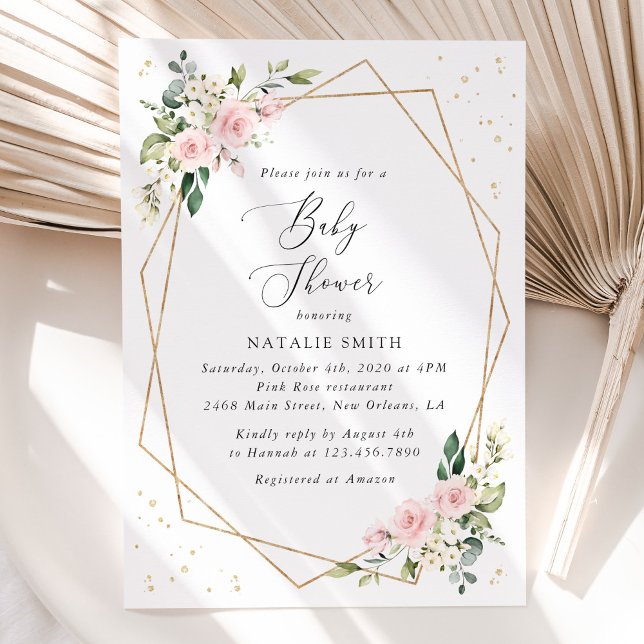 Invitation Fleurs roses, Fleurs blanches, Verdure, Baby Showe (Créateur téléchargé)