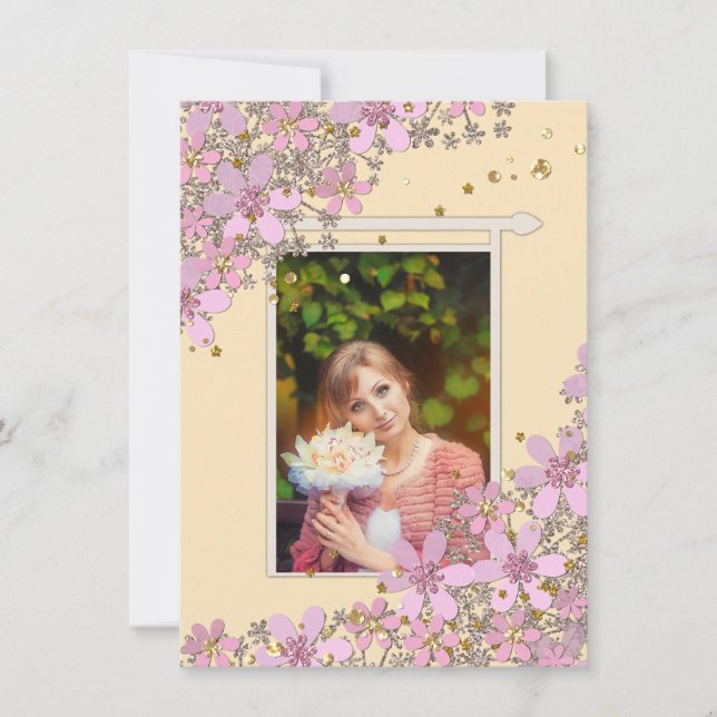 Invitation Fleurs roses florales parties scintillant pois dor (Devant)