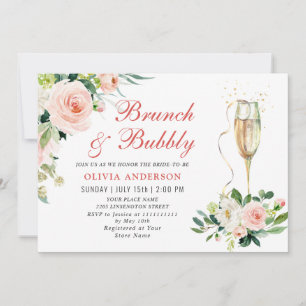 Invitation Fleurs Roses Fluides Verdure Brunch Floral & Bubbl