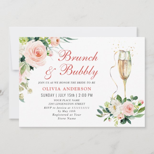 Invitation Fleurs Roses Fluides Verdure Brunch Floral & Bubbl (Devant)