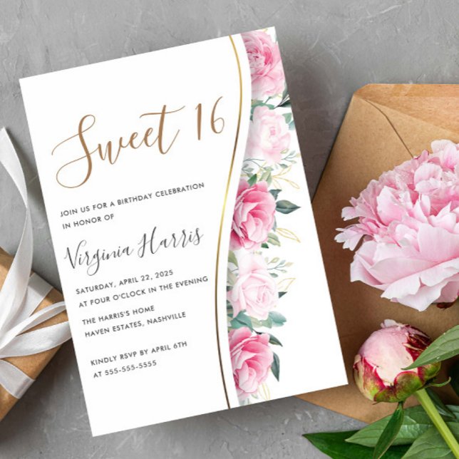Invitation Fleurs roses Foliage Sweet sixteen 16 Anniversaire (Créateur téléchargé)