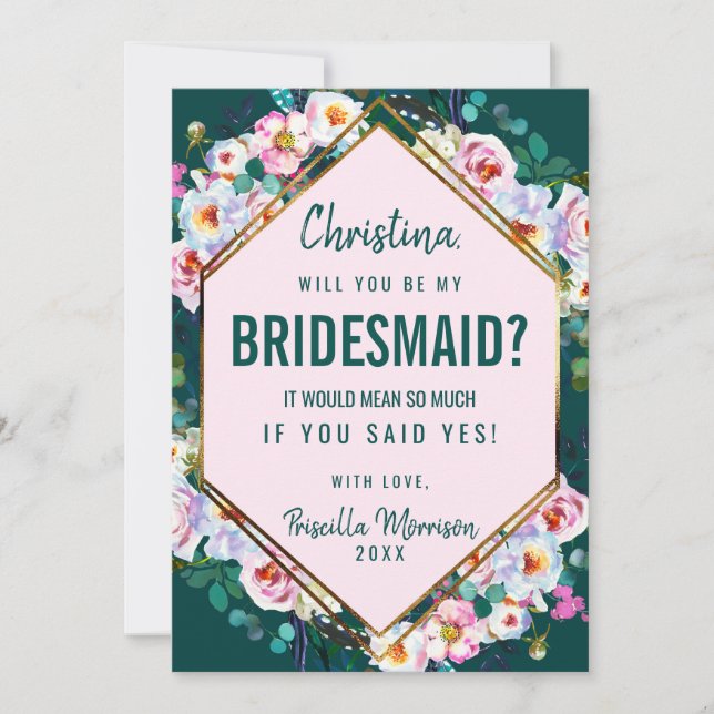 Invitation Fleurs roses, garniture dorée, demoiselle d'honneu (Devant)