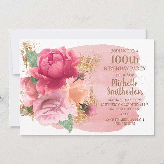 Invitation Fleurs roses Gold Parties scintillant 100e fête d' (Devant)