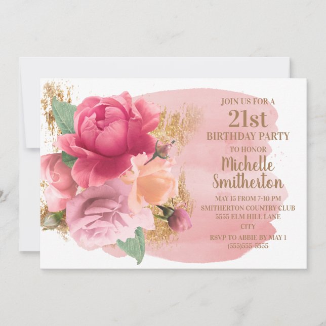 Invitation Fleurs roses Gold Parties scintillant 21e fête d'a (Devant)
