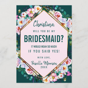 Invitation Fleurs roses Gold Trim Emerald Jade Bridesmaid