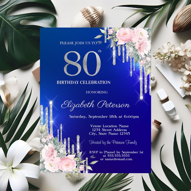 Invitation Fleurs Roses Gouttes de Paillettes Argentées 80ème (Créateur téléchargé)