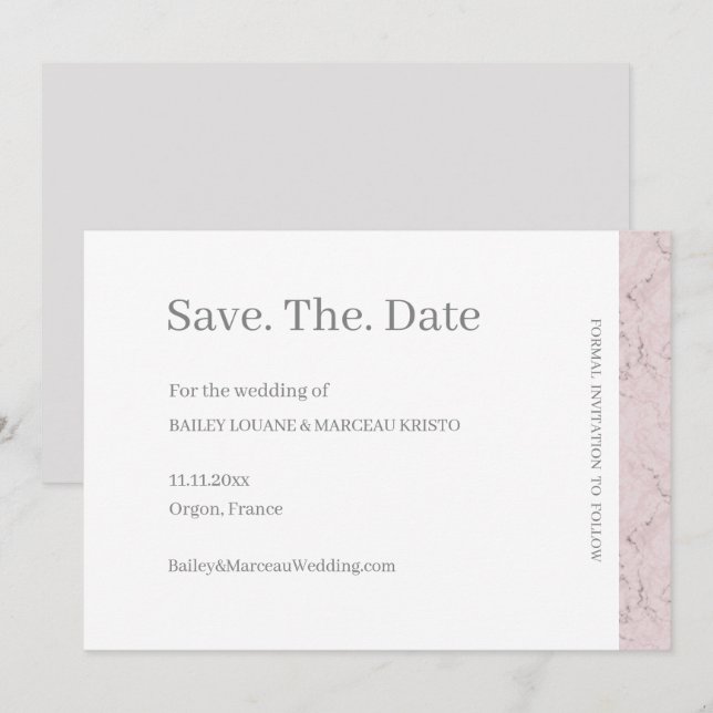 Invitation Fleurs roses grises et blanches en marbre Save The (Devant / Derrière)