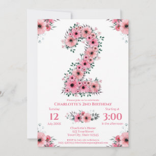 Invitation Fleurs roses Gros 2ème anniversaire fille Foliage