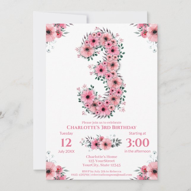 Invitation Fleurs roses Gros 3ème anniversaire fille Foliage  (Devant)
