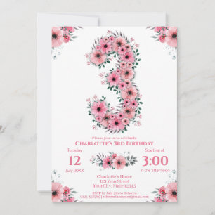 Invitation Fleurs roses Gros 3ème anniversaire fille Foliage