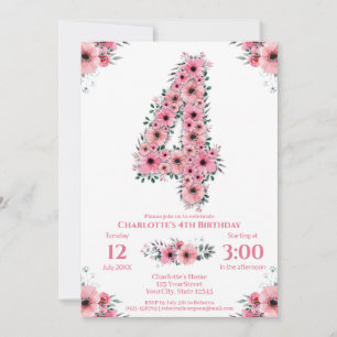 Invitation Fleurs roses Gros 4e anniversaire Fille Foliage ve