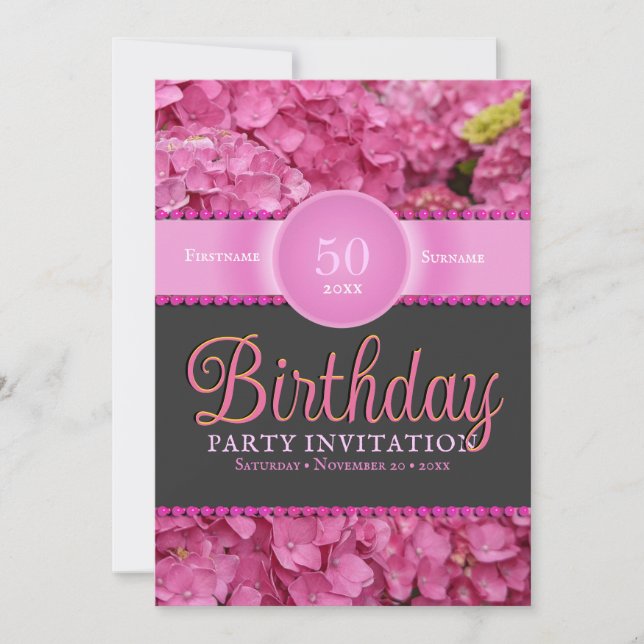 Invitation Fleurs roses Hydrangea rose 50e anniversaire (Devant)