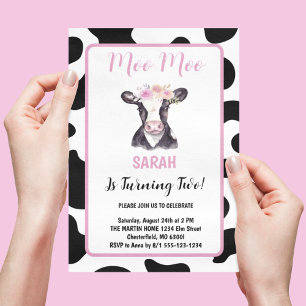 Invitation Fleurs roses imprimé vache noir blanc 2ème anniver