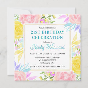 Invitation Fleurs roses, jaunes et bleues Anniversaire