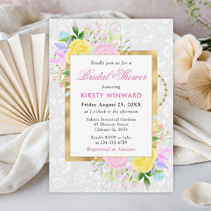 Invitation Fleurs roses, jaunes et bleues Mariage doré