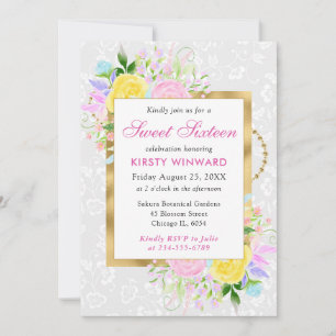 Invitation Fleurs roses, jaunes et bleues Or Douce 16