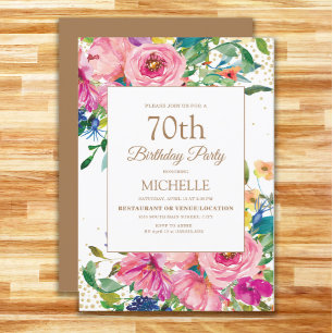 Invitation Fleurs roses jaunes Paillettes dorées 70e annivers