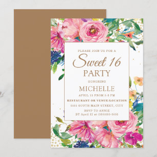Invitation Fleurs roses jaunes Paillettes dorées Sweet 16