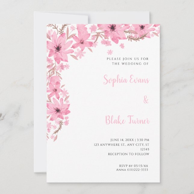 Invitation Fleurs roses jolies Mariage blanc romantique (Devant)