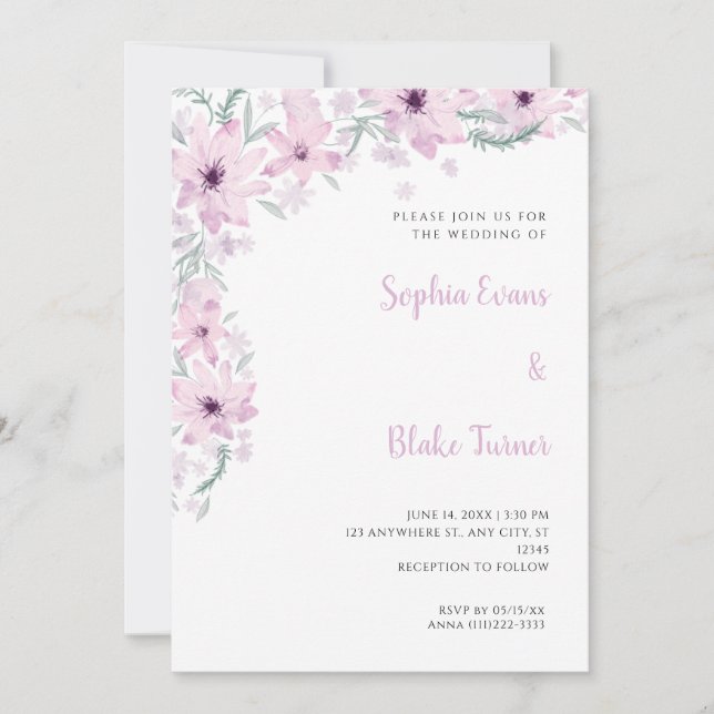 Invitation Fleurs roses jolies Mariage blanc romantique (Devant)