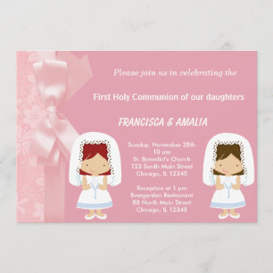 Invitation Fleurs roses Jumeaux de la Communion