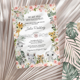 Invitation Fleurs roses Jungle Safari Animaux Baby shower
