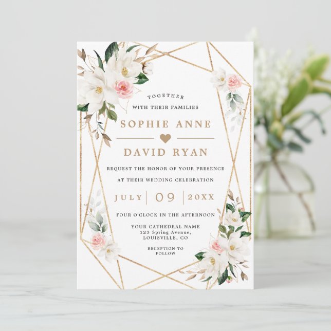 Invitation Fleurs Roses Magnolia Blanches Tout En Un Mariage (Debout devant)