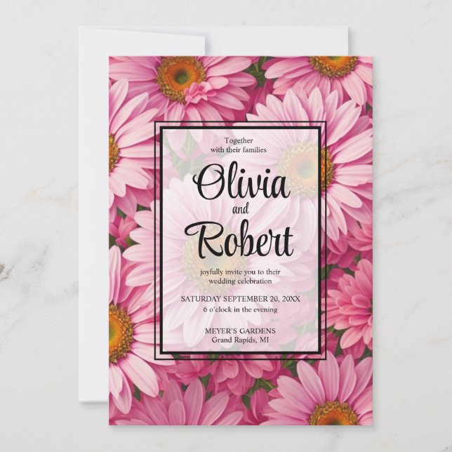 Invitation Fleurs roses marguerites rétro Mariage (Devant)