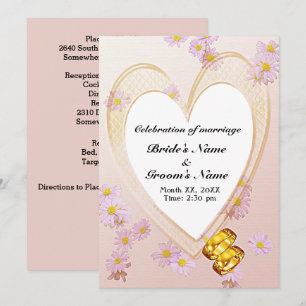Invitation Fleurs roses Mariage de cadre de coeur & anneaux d