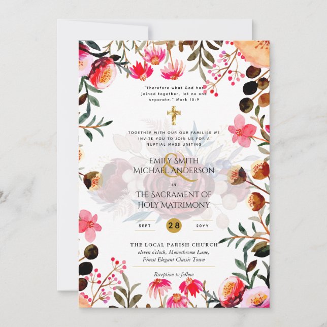 Invitation Fleurs roses Mariage de Masse Nuptiale Catholique (Devant)