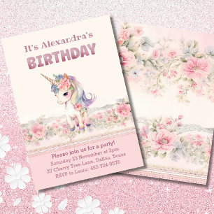 Invitation Fleurs roses mignonnes Fille Unicorne Anniversaire