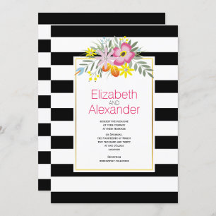 Invitation Fleurs roses, noir blanc rayures mariage florales