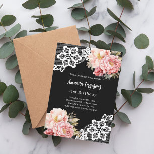 Invitation Fleurs roses noires dentelle luxe anniversaire