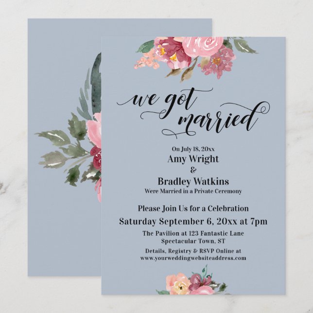Invitation Fleurs roses Nous nous sommes mariés Script Bleu p (Devant / Derrière)
