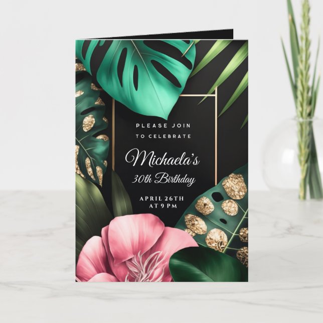 Invitation Fleurs roses or parties scintillant feuilles fête  (Devant)