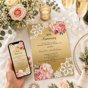 Invitation Fleurs roses or pour les 50 ans de mariage