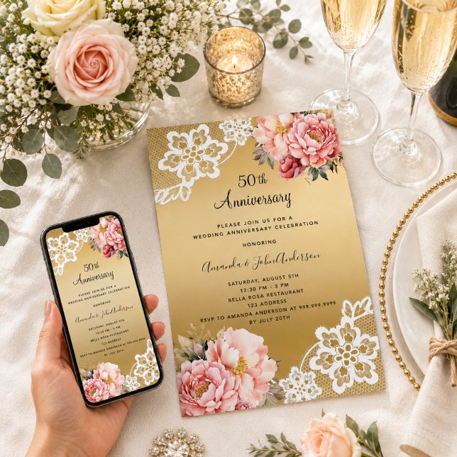 Invitation Fleurs roses or pour les 50 ans de mariage (Créateur téléchargé)