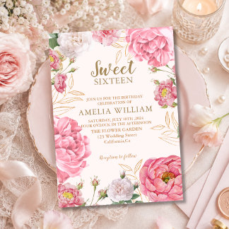 Invitation Fleurs roses or Sweet 16 Anniversaire botanique ro